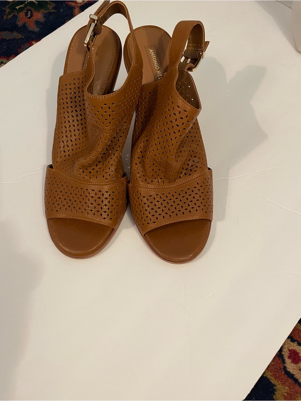 ANTONIO MELANI Perforated Cognac Slingback Sandals